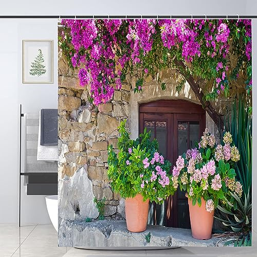 JOOCAR Italian Shower Curtain View of Stonewall House with Flowerpot Flower in Italy Rural Town Garden Bath Curtain Waterproof Shower Curtains for Bathroom Decor 72x78 Inch, Purple Green Beige