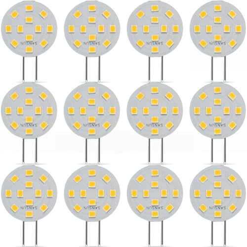 SANSUN G4 LED-Leuchtmittel, 2 W, entspricht 20 W Halogen, G4/GU4/GZ4 Bi-Pin-Sockel, AC/DC12 V, 3000 K, 120 ° Weitwinkel, nicht dimmbar (Warmweiß, 12 Stück)