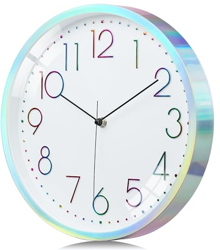 Lafocuse 12 Inch Silent Colorful 3D Numbers Unique Dazzling Frame Silver Wall Clock for Living Room, Modern Kitchen Clock Battery Operated Bedroom Office Home