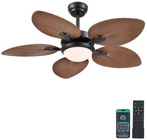 Wiviniya Tropical Ceiling Fans with Lights, 44 Inch Palm Leaf Outdoor Ceiling Fan with Light for Patios Porch Bedroom, Remote/APP Control, Reversible Quiet DC Motor, Dimmable LED, Brown