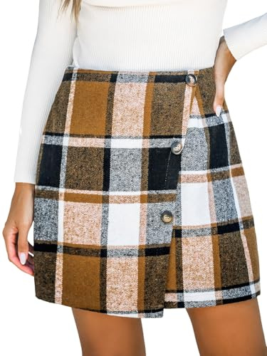 CUPSHE Damen Rock Karierter Minirock mit Knopfleiste und Wickeloptik für Herbst Winter, Braun/Kariert, XL