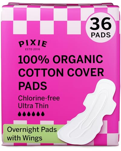 Pixie Organic Cotton Ultra Thin Overnight Pads for Women - Extra Heavy Absorbency with Wings - Leak-Proof, Hypoallergenic & Unscented - Compostable, Biodegradable - FSA Eligible - 36 Count