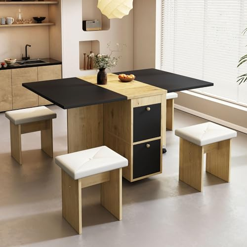 SUKY Esstisch-Set, (mit Esstisch, 4 Stühlen), klappbarer,120 x 80 x 75cm, ausziehbarer, multifunktionaler ausziehbarer, Esszimmerstühle (Weiß + Eiche + Schwarz)