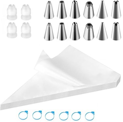 Jimkply - Set di 2 sac à poche in materiale TPU, riutilizzabili, con 200 sac à pochette, 6 nastri blu, 12 beccucci, 4 adattatori, per la cottura a H