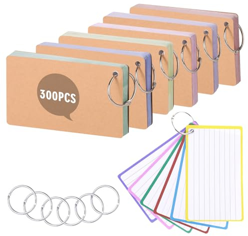 Flash Cards, 300 Pcs Colored A7 Index Cards 3x5 in Ruled Revision Card | Includes 6 Binder Ring & 12 Kraft Paper, 6 Colors, Flashcards for Study Notes, Lists, Recipes, School, Office, Home