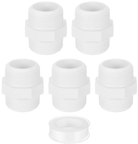 QUARKZMAN 5Pcs 40mm Adaptador de Acoplamiento de Rosca Macho de PVC, Conexión de Acoplamiento de PVC con Cinta Selladora (Macho a Macho) Adaptadores de Manguera (Blanco)