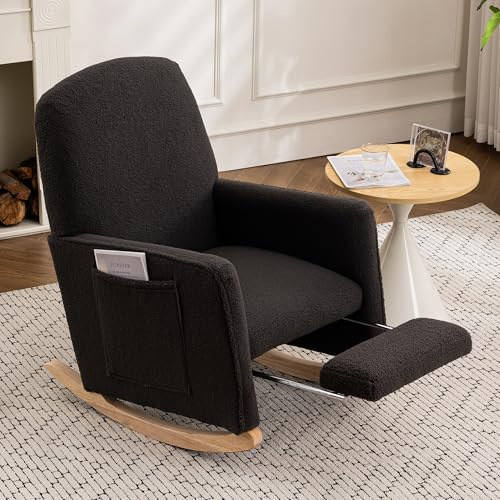 DEKKETO Teddy Schaukelstuhl mit Fußstütze und Seitentasche, Dunkelgrau | Leises Schaukeln, Große Sitzfläche, hohe Rückenlehne, Massivholzbeine, Rutschfeste Pads, für Wohnzimmer