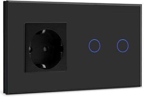 BSEED Steckdose mit Lichtschalter,Glas Touch Lichtschalter Unterputz Schalter,Schuko Steckdose mit 2 Fach 2 Wege Wandschalter Schwarz(Nicht Smart Schalter)
