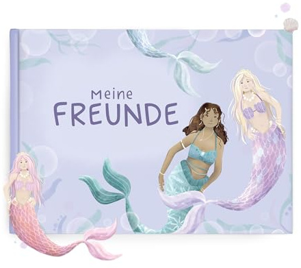 mintkind® Schulfreundebuch Meerjungfrauen – Freundebuch Grundschule für Mädchen mit Illustrationen, 30 Freundeseiten, Geburtstagskalender, Malrätsel, stabiles Hardcover DIN A5 Querformat