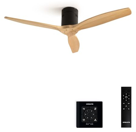 CREATE / WINDCALM NATURAL WOOD M/Ventilateur de plafond noir pales bois clair avec contrôleur et télécommande / 40W, Minuterie, Ø132 cm, silencieux, 6 vitesses, fonction été-hiver