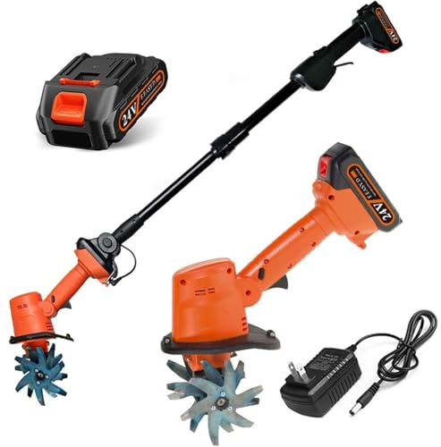 Cordless Electric Garden Tiller, 21V Mini Tiller Garden Soil Cultivator with 4 Rows of Tines, 1.3M Extension Poles, Working Depth for Vegetable Field, Greenhouse 1 Battery
