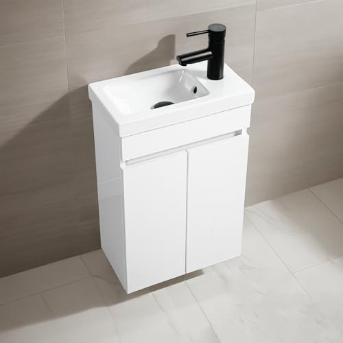 NUESTRA VIDA Mobile Bagno Sospeso con Lavabo, 41x23x62.5 cm | Arredobagno Compatto per Piccoli Spazi | Set Moderno per Bagno Ospiti o Secondo Bagno | Bianco | Senza Rubinetto