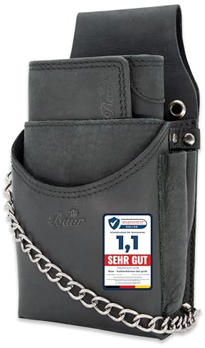 Baur Kellnerbörsen Set groß aus echtem Büffelleder – Profi Kellnergeldtasche & Holster mit Kette – Robustes Kassierportemonnaie mit Vollleder- Innenfutter (Set groß mit Druckknopfverschluss, Schwarz)