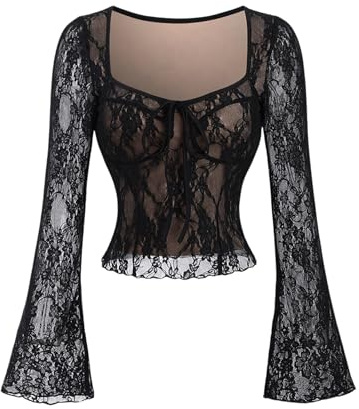 GORGLITTER Women's Lace Sheer Sweetheart Neck T Shirts Bow Tie Front Bell Long Sleeve Sexy Skinny Party Tops Black Small