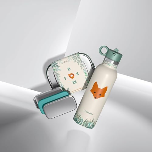 FOXBOXX SCHULE Kinder-Set – ÖKO Lunchbox Edelstahl + FOX Trinkflasche isoliert + Bürste – auslaufsicher, BPA-frei (foxy green 750ml, 800ml special)
