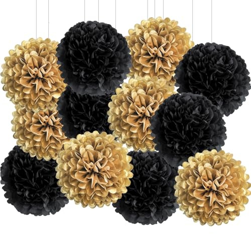 12 Stück Seidenpapier Pompom Schwarzes Gold, Hängende Papier Pompon Papierblumenkugeln Papier Pom Poms Seidenpapier-Pompons Fur Neujahr Silvester Abschluss Geburtstags Bachelor Party Deko