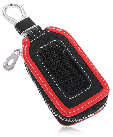 Leather Car Key Case, Universal Car Key Fob Case, Auto Keys Holder Bag for Men and Women, Auto Keys Chain Cases Holder with Keychain and Zipper (Black+Red)
