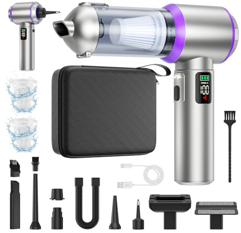 Car Vacuum Cleaner Cordless Powerful 25000Pa, 4 in 1 Car Hoovers Cordless Powerful 3 Speed, Blowing/Inflation/Suction Handheld Vacuum Cleaner with LED Display & Light, Storage Case (Silver)