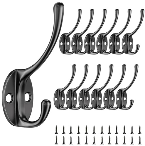 Comzantor 12 Piezas Gancho Pared, Ganchos Percheros de Pared con Tornillos, Metal Vintage Dobles Perchas Pared, Ligero y Práctico Colgador Ropa Pared, para Dormitorio, Armario, Baño (Negro)
