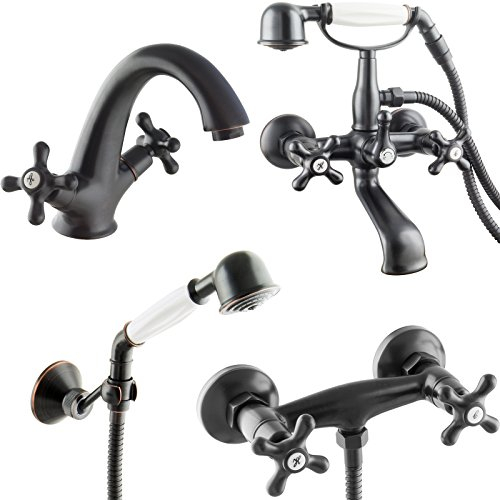 PaulGurkes Retro Armaturen Set Schwarz Nostalgie Zweigriffmischer Wannenarmatur Wannenbatterie Aufputz Duschset Dusche Handbrause Brausehalterung Wasserhahn Mischbatterie