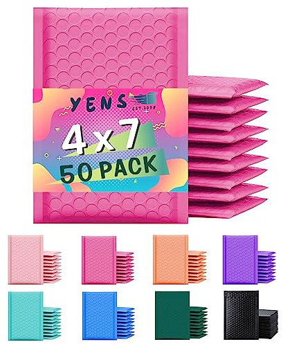 Yens Poly Bubble Mailers 4x8 50 Pack Hot Pink Waterproof Self Seal Adhesive Shipping Bags, Cushioning Padded Envelopes for Shipping, Mailing, Packaging Usable 4x7