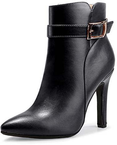 IDIFU Women's Dana Pointed Toe Stiletto High Heels Ankle Booties Side Zipper Short Boots with Metal Buckle(8, Black Pu)