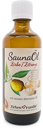 ZirbenFamilie® Saunaaufguss Zirbe/Zitrone 100ml | Saunaöl aus Zirbelkiefer |Sauna Aufgussmittel Naturrein | Saunazubehör für traditionelle und Infrarotsauna