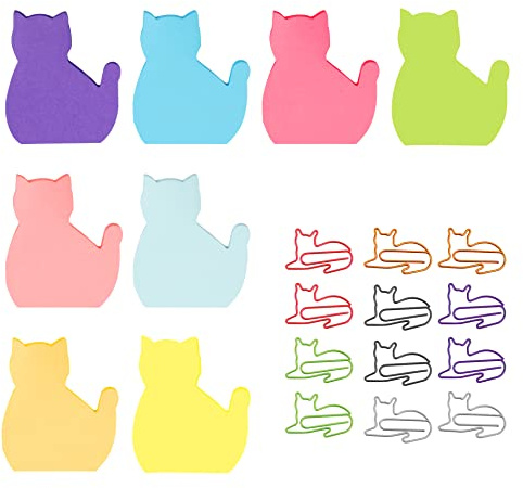 Medo 240 Sheets（8 Pads） Cat Sticky Notes, Creative Cat Shaped Stationery Set Sticky Notes 12 Pcs Random Color Cute Cat Paper Clips Cat Lovers Home Office School Women Kids Gifts