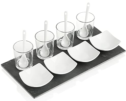 COM-FOUR® Juego de servir de 13 piezas - Plato de pizarra con vasos, cuencos cuadrados y cucharas para entrantes, aperitivos y meriendas (13 piezas - Cuadrado)