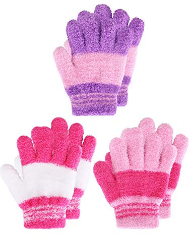 Geyoga 3 Paar Kinder Strickhandschuhe Winter Vollfinger Handschuhe (Helle Farbe, L)
