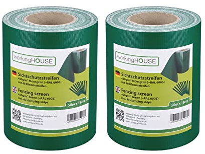 WORKINGHOUSE Sichtschutzstreifen Doppelstabmatten 450g/m² 2x50m Grün | Doppelstabmattenzaun & Zaun Sichtschutz, RAL 6005 – Standard 450g/m², wetterfest, inkl. Clips