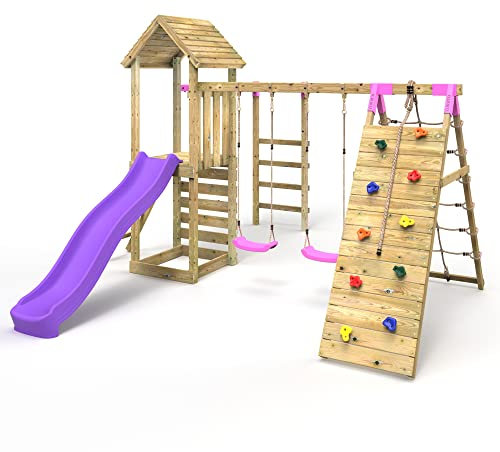 Rebo® Wooden Climbing Frame with Swings, Slide, Up and over Climbing wall and Monkey Bars - Dolomite Pink | OutdoorToys | Kids' Outdoor Wooden Garden Play Equipment, Children's Jungle Gym