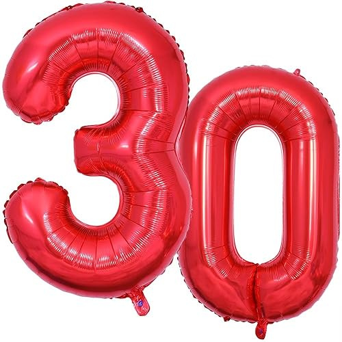 Luftballon Zahl 30 Rot Zahlenballon Luftballon 30 Geburtstag, Foil Nummer Ballon Zahl 30 Folienballon Party Deko - 101cm - Helium Unterstützen