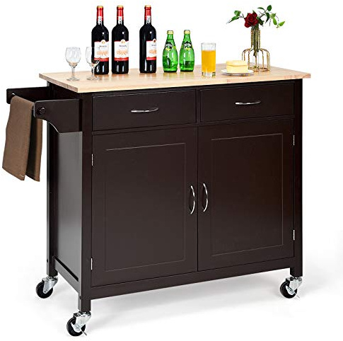 TANGZON Kitchen Island on Wheels, Rolling Kitchen Storage Trolley with Cabinet, Rubber Wood Worktop, Adjustable Shelf, 2 Drawers & Towel Rack, Dining Room Utility Serving Cart Sideboard (Dark Brown)