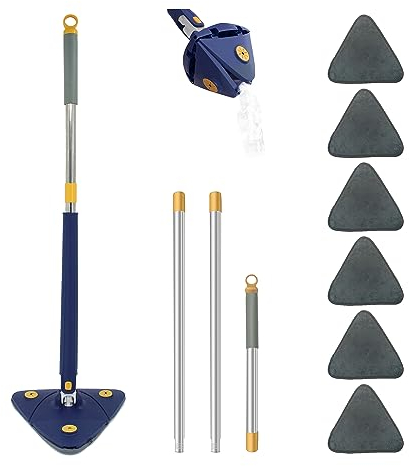 Trapeador de limpieza ajustable giratorio de 360°, trapeador triangular extensible giratorio de 360°, mopa de secado rápido, fregona automática para piso/techo/pared (azul, con 6 cabezales de fregona)