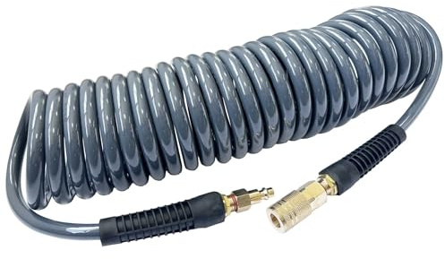 SANFU (PU) Polyurethane Recoil Air Hose 3/8”ID(8.2x 12mm) x 25ft, Flexible, Professional 145PSI With Reassembled Brass Quick Coupler and Plug, Grey(25')