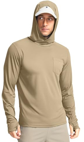 Men's Sun Protection Shirts UPF 50+ Long Sleeve Hoodie with 2 Pockets UV SPF Fishing Hiking Rash Guard Shirts (Khaki, Medium)