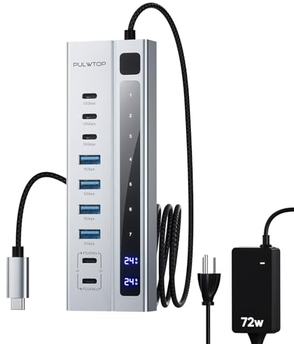 PULWTOP Powered USB C Hub, 9-in-1 USB-Hub 10Gbps & PD 45W Max Charging | PULWTOP USB Powered Hub with 3 USB-C, 4 USB-A for Laptop, MacBook, iPad and More 72W Adapter Included (Not Support Video)