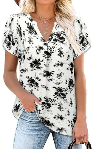 Siddhe Damen Sommer T-Shirt Kurzarm Bluse Oberteil Geblümt V-Ausschnitt Shirt Tunika mit Kurzen Blütenärmeln Casual Lässig Longshirt Floral Gemustert für Strand, Beige mit Schwarzen Blumen XL