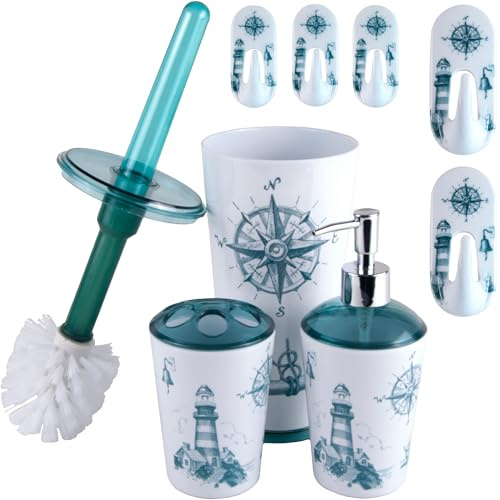 FH - Badezimmer Set Nr.2 - Seifenspender, Zahnputzbecher, Toilettenbürste, Haken Set Groß und Klein für Badetücher - Badezimmer Zubehör, Bad Accessoires, aus Kunststoff - Maritime Deko, Weiß & Blau