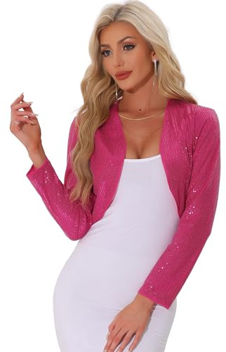 Allegra K Damen Pailletten Langarm Offene Vorderseite Kurze Bolerojacke | Kragenlos Kurz Geschnitten keine Knöpfe Kombinierbar mit Kleid oder Lässigem Oberteil und Jeans