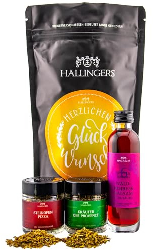 Hallingers Genuss Manufaktur Feinkost Glückwunsch-Geschenk-Set - wertig in der Wundertüte Herzlichen Glüc... kleiner Glückwunsch Pizza, Kräutergewürz & Himbeerbalsam, Geschenkidee für Frauen Männer