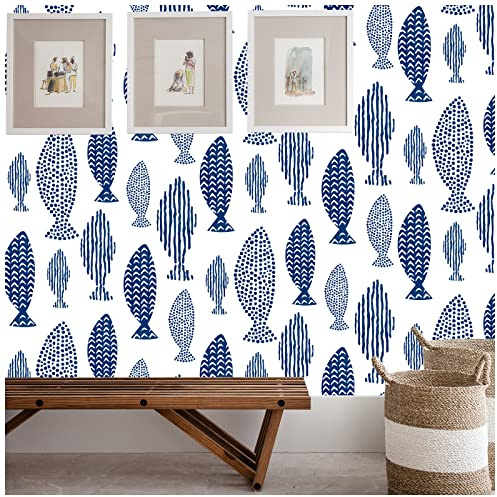 ICYEHAO Selbstklebende Tapete Blau Geometrisch, 44.5 x 1000 cm Tapete Fische Maritim Abstrakte Streifen Tapeten Möbel Klebefolie Möbelfolie Selbstklebend für Badezimmer Wohnzimmer Schlafzimmer Küche