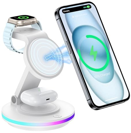 Mag Safe Ladestation,kabellos Ladeständer, 3 in 1 Faltbare Induktive Ladestation Apple Watch und 16 15 14, drehbarer Ladeständer,Wireless Charger mit Nachtlicht