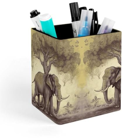 VFKLT Asiatischer Elefant mit Baum, quadratischer Stifthalter, Stifthalter, PU-Leder, Stiftebecher für Herren, Pinselhalter für Damen, Schreibtisch, Bleistift-Organizer, Stiftaufbewahrung für Büro,