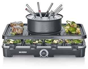 SEVERIN Raclette-Fondue-Kombination für 8 Personen, 2-in-1 Raclette Grill mit Grillplatte & Fondue-Set, Antihaftbeschichtung, inkl. 8 Pfännchen, Schabern & Fondue-Gabeln, spülmaschinengeeignet, RG2347