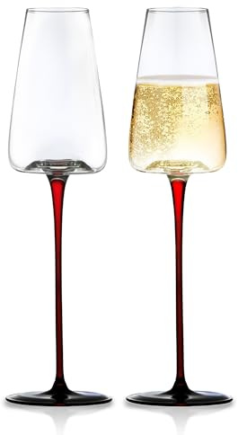 LEMONSODA Concave Champagne & Wine Glasses - Modern Red Stem & Black Bottom for Sparkling Wine, Rosé, Prosecco, Champagne – Handcrafted Barware, Perfect for gift (9oz, Set of 2)