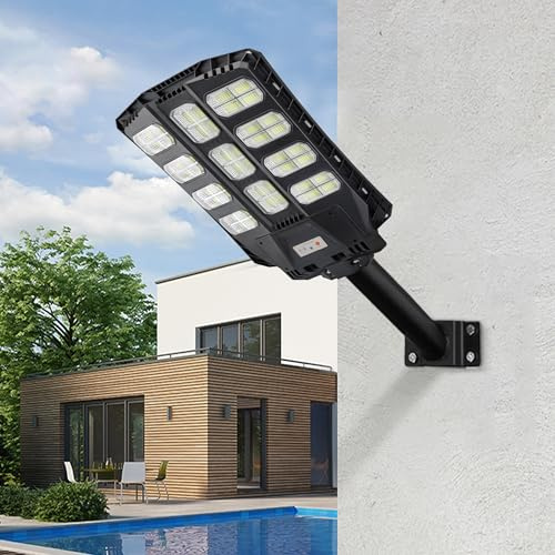 UISEBRT Lampadaire solaire 400 W pour l'extérieur avec détecteur de mouvement et capteur de lumière, 8000-8500 K, lampe de rue en plein air, avec télécommande, lampadaire extérieur, étanche IP65