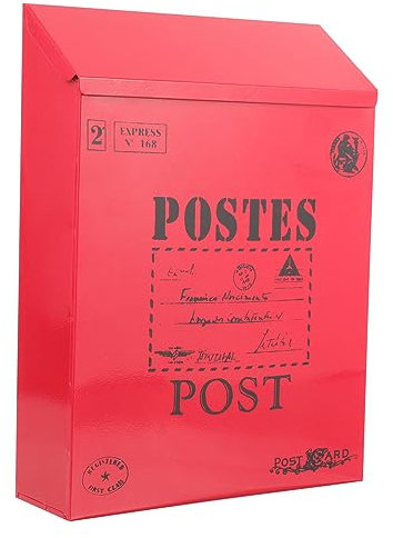 KONTONTY Iron Wall Mounted Mailbox with Lock, Vintage Red Locking Post Box, Retro Style Outdoor Metal Letter Box for Home and Garden Use