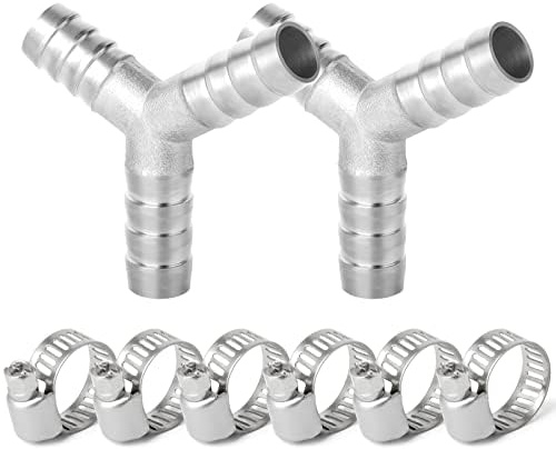 ERGAOBOY 2Pcs SS304 10mm 3-Way Y-Shape Hose Nozzle Barb Fitting with Clamps | Three way branch split, sharp barbed ridges, high pressure band clamps, suitable for industrial fluid splitting